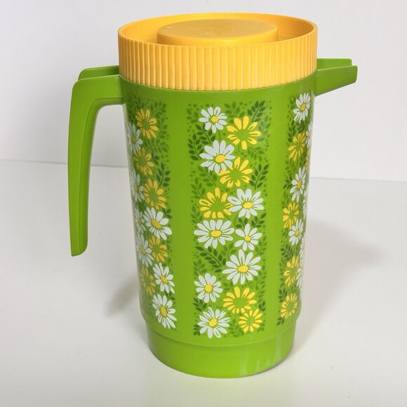 VTG Alladinware Retro 2 1/4 Qt. Plastic Drink Pitcher Green Daisy Floral Cottage - Picture 1 of 9